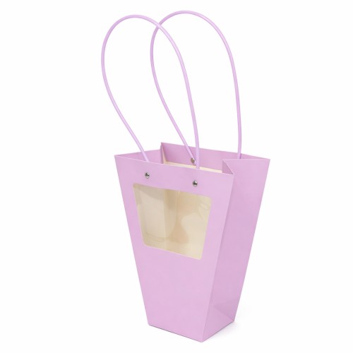 pungă conică cu fereastră, roz pastel, fereastră transparentă, deschidere 20 × 15 cm